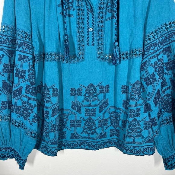 Anthropologie Antik Batik Embroidered Boho Blue Peasant Blouse Size Small - Picture 3 of 10